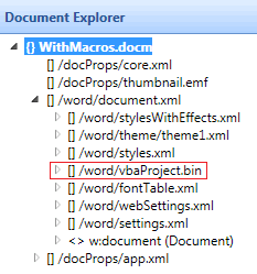 vbaProject part shown in the Document Explorer
