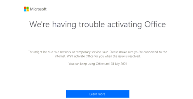 Screenshot of the error message, showing we're having trouble activating Office.