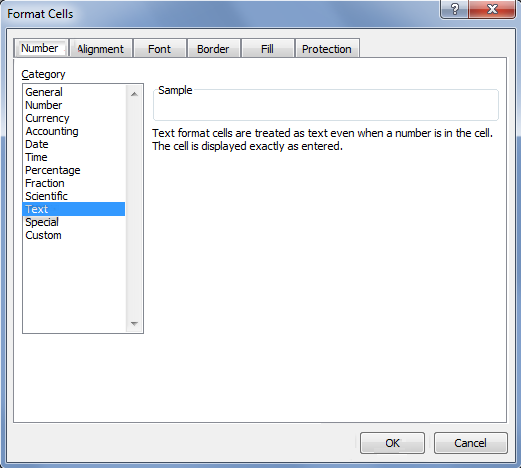 Select the Text under the Number tab in the Format Cells dialog box.
