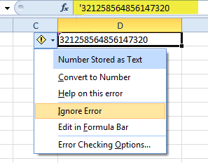 Add a single-quotation mark before typing a long number.