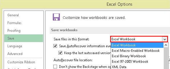 Screenshot shows the Save files in this format option in the Excel Options window.