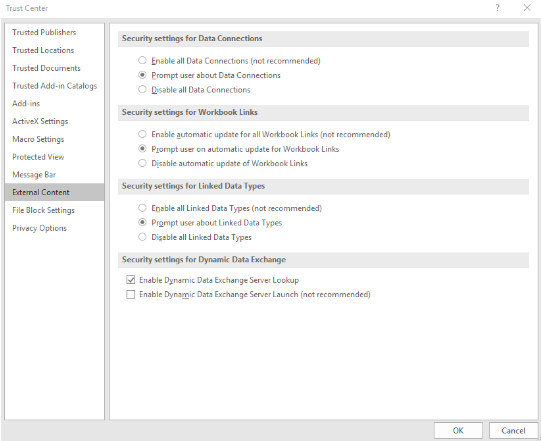 Screenshot shows two options under the Security Settings for Dynamic Data Exchange heading.