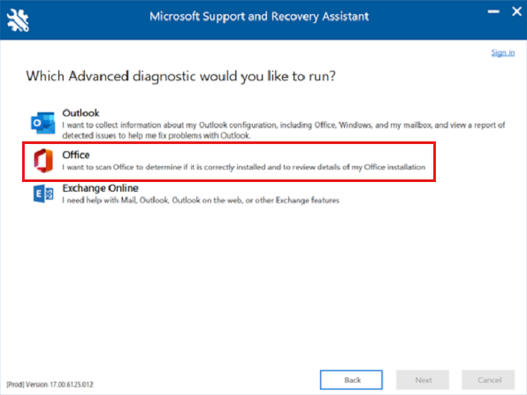 Screenshot of the Support and Recovery Assistant window with Office selected.