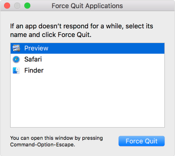 Screenshot of the Force Quit Applications window with an application selected.