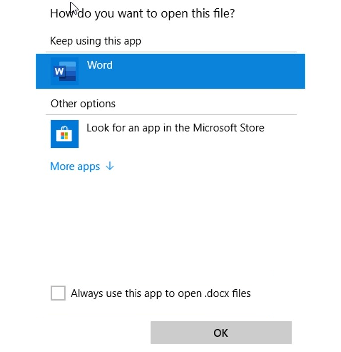 Screenshot of the Always use this app to open .docx files checkbox.