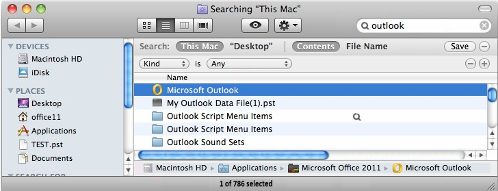 Screenshot of the result by typing outlook in search box.