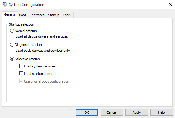 Screenshot to clear the Load system services and Load startup items check boxes for M S I-based installation type.