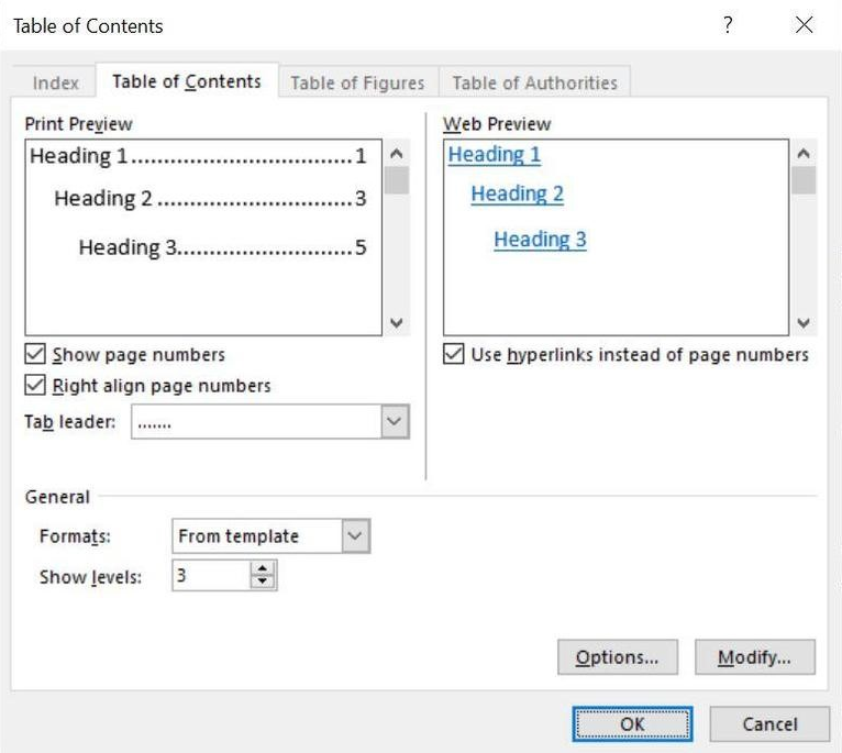 Screenshot to select Table of Contents in the Table of Contents window.