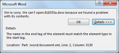 Screenshot to select the Details button in the error message window in Word 2013.