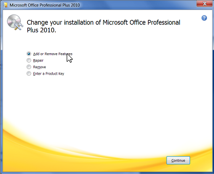 Screenshot of selecting Add or Remove Features in the Microsoft Office \<Edition> dialog box.