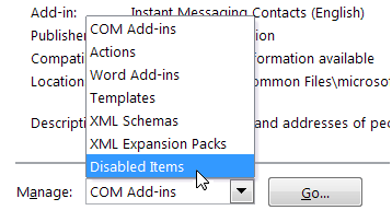 Screenshot of selecting Disabled items in the Manage field.
