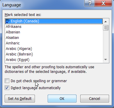 Screenshot of the Language dialog box, selecting the language and clearing the Do not check spelling or grammar check box.