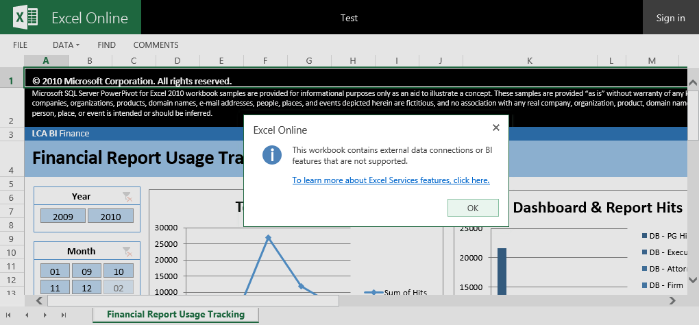 Screenshot of the error message in the Microsoft SharePoint Online PowerPivot workbook.