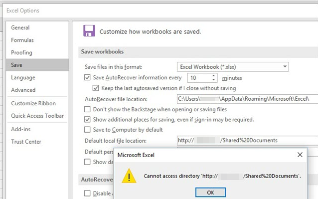 Cannot access directory when change the default save location in Excel 2016  - Microsoft 365 Apps | Microsoft Learn