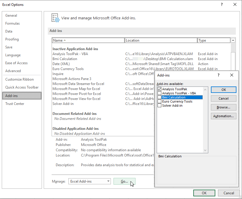 Screenshot shows steps to uncheck the B M I calculation option in the Excel Options dialog box.