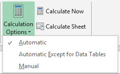 Calculation options on the Formulas tab