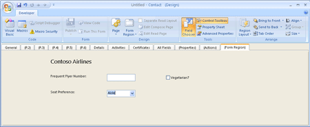 Screenshot of the Properties dialog box of the Form Region, showing the Frequent Flyer field highlighted.