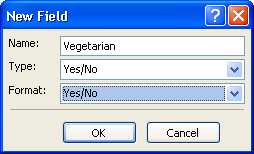 Screenshot showing New Field dialog box with custom field called Vegetarian.
