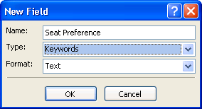 Screenshot showing New Field dialog box with custom field called Seat Preference.