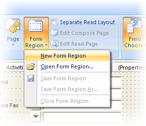 Screenshot of the Forms Designer dialog, showing the New Form Region option highlighted.