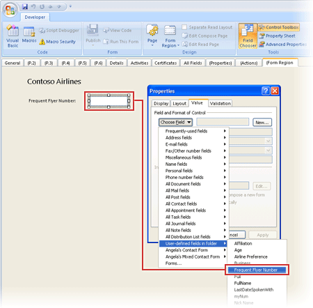 Screenshot of the Properties dialog box of the Form Region, showing the Frequent Flyer field selected to bind it to the text box control.