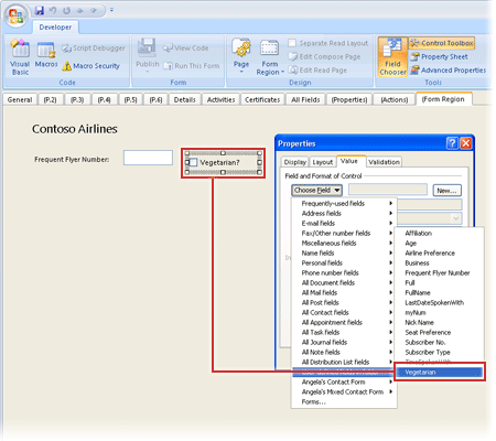 Screenshot of the Display tab on the Properties dialog box with the check box control labeled as Vegetarian.
