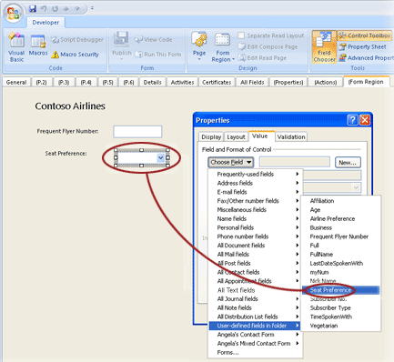 Screenshot of the Value tab on the Properties dialog box binding the seat preference field to the combo box control.