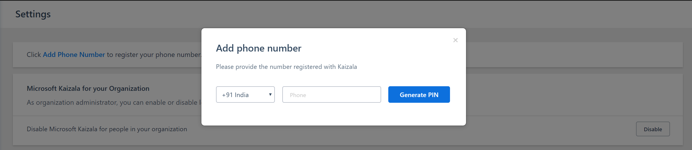 Prompt to add phone number in Kaizala management portal.