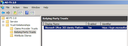Screenshot shows the Relying Party trust created for Microsoft 365.