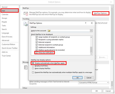 Screenshot of steps that enable MailTips in Outlook.