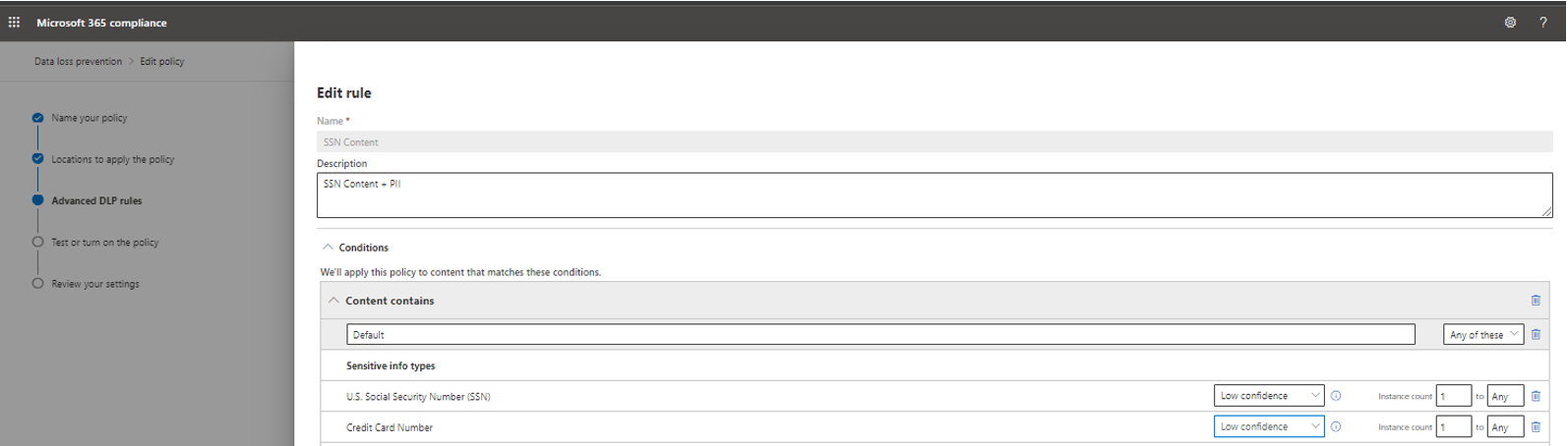 Screenshot of SSN Content rule that is configured to have the detection based on sensitive info types.