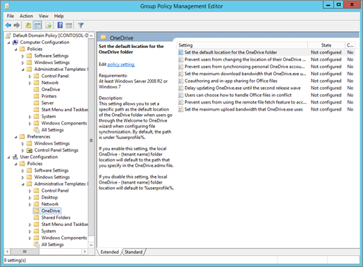 OneDrive settings in Group Policy Management Editor