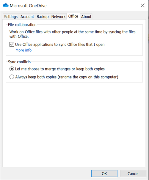 The Office tab in OneDrive sync app settings