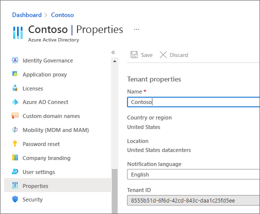 The Directory Properties pane in the Azure Admin Center dashboard