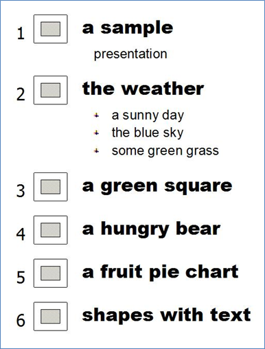 1 a sample presentation
2 the weather
a sunny day
the blue sky
some green grass
3 a green square
4 a hungry bear
5 a fruit pie chart
6 shapes with text