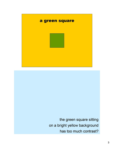 A green square
Notes: the green square sitting on a bright yellow background. has too much contrast?