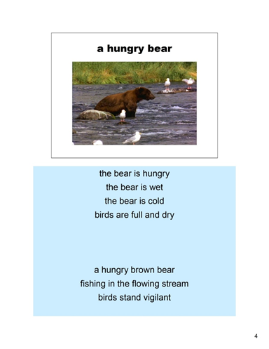 A hungry bear
Notes: the bear is hungry
the bear is wet
the bear is cold
the birds are full and dry

A hungry brown bear
fishing in the flowing stream
birds stand vigilant