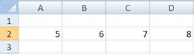 Table with 4 columns of data in one row. Cell A2 contains number 5, cell B2 contains number 6, cell C3 contains number 7, cell D2 contains number 8