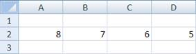 Table with 4 columns of data in one row sorted descending. Cell A2 contains number 8, cell B2 contains number 7, cell C2 contains number 6, cell D2 contains number 5
