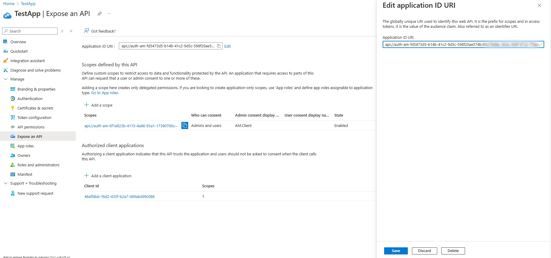 A screenshot of the 'Expose an API' form in the Entra admin portal