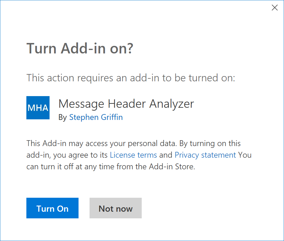 A screenshot of the prompt to install an add-in when invoked from an actionable message.