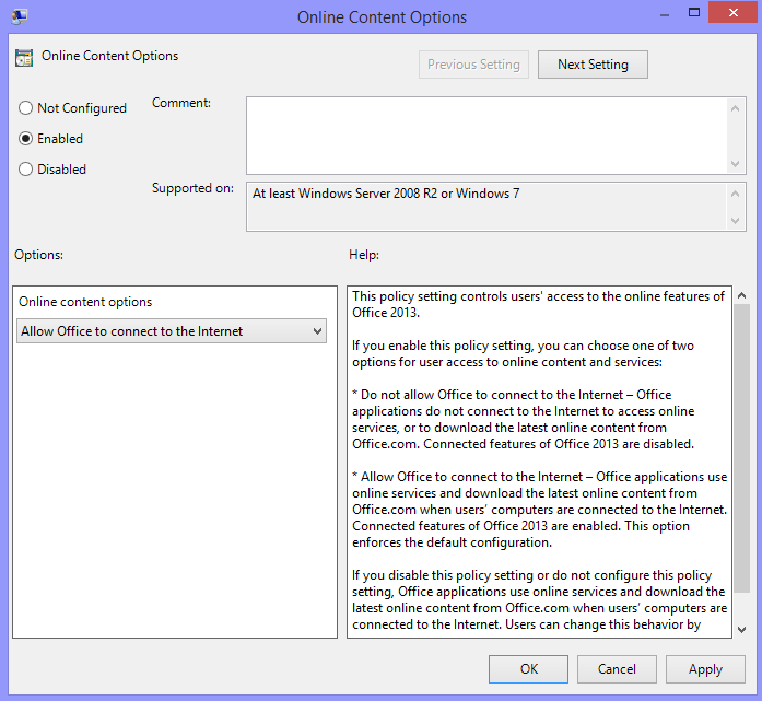 Screenshot of Online Content Options policy setting details, setting to Not Configured or Enabled and selecting the Allow Office to connect to the Internet option.