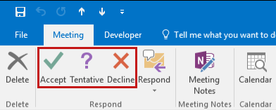 Screenshot of the Accept, Tentative, and Decline buttons on the Meeting ribbon in Outlook.