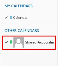 Screenshot that shows a shared calendar displays in the Calendar folder list.