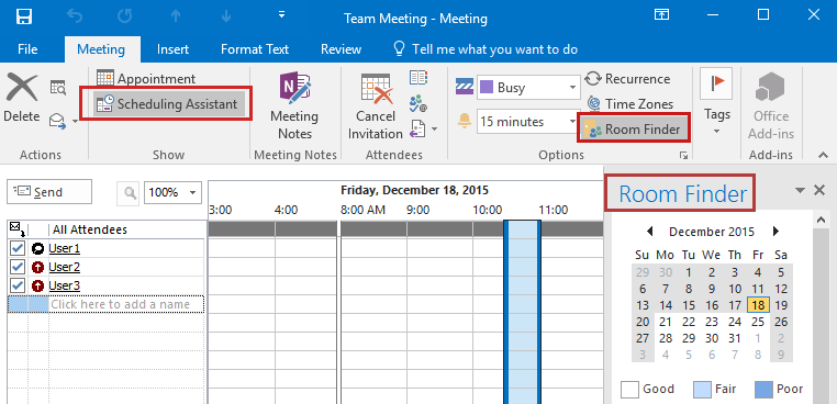 Screenshot that shows the Room Finder feature in the Scheduling Assistant view in Outlook 2016.