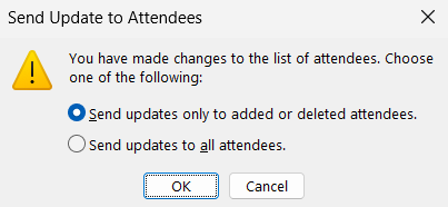 Screenshot of the Send Update to Attendees prompt.