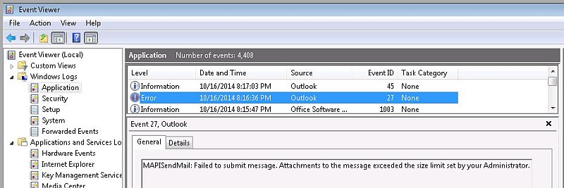 Screenshot of Application event log entry.