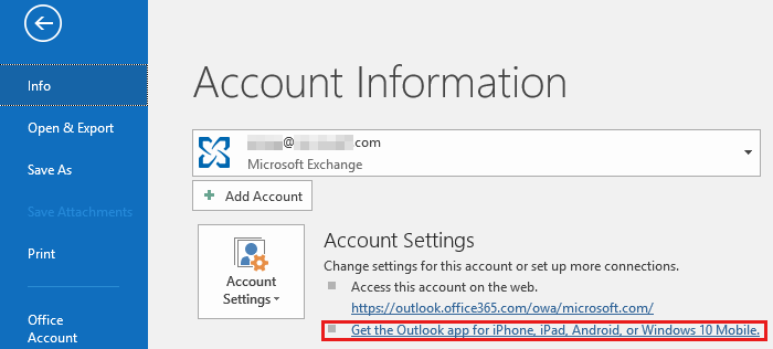 Screenshot of the Outlook app for iPhone, iPad, Android, or Windows 10 Mobile link in the Info page.