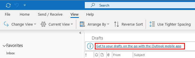 Screenshot of the Get to your drafts on the go with the Outlook mobile app link.