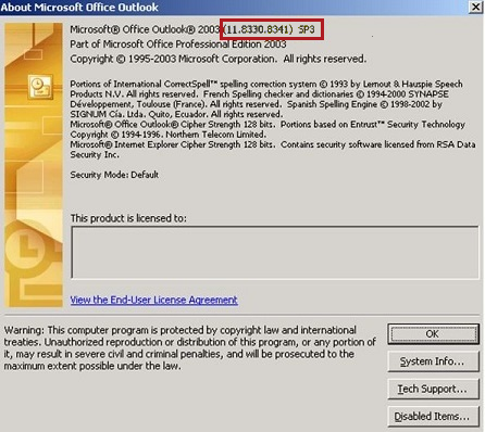 Screenshot shows the build number in the About Microsoft Office Outlook dialog box.